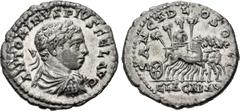 Roman Imperial Elagabalus. AD 218-222. AR Denarius (19mm, 3.17 g, 6h). Uncertain eastern mint. Struck AD 218-219. Laureate, draped, and cuirassed bust right / Slow quadriga right, bearing the sacred s