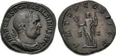 Roman Imperial Balbinus. AD 238. Æ Sestertius (30.5mm, 27.30 g, 12h). Rome mint. 1st emission. IMP CAES D CAEL BALBINVS AVG, laureate, draped, and cuirassed bust right / P M TR P COS II P P, Felicitas