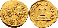 Byzantine Revolt of the Heraclii. 608-610. AV Solidus (19mm, 4.47 g, 6h). Carthage mint. Dated IY 12 (608/9). DMN HЄR[AC]ΛI CONSVΛI IB, facing busts of Heraclius the younger, beardless, and the Exarch
