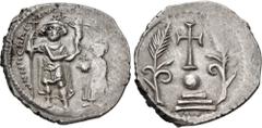 Byzantine Heraclius, with Heraclius Constantine. 610-641. AR Miliaresion (21mm, 4.48 g, 7h). 'Ceremonial' coinage. Constantinople mint. Struck circa 620. Heraclius standing facing, wearing military at