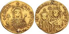 Byzantine Michael III "the Drunkard", with Theodora and Thecla. 842-867. AV Solidus (19.5mm, 4.15 g, 6h). Constantinople mint. Struck 842-circa 843. Crowned facing bust of Theodora, wearing loros, hol