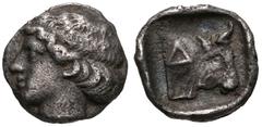 THRACE, Dikaia. Circa 450-425 BC. AR Hemiobol (7mm, 0.31 g, 1h). Head of nymph left / Forepart of bull right; Δ on body; all within incuse suare. Schönert-Geiss, Bisanthe -; Traité IV 1439 corr., pl. 