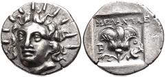 ISLANDS off CARIA, Rhodos. Rhodes . Circa 125-88 BC. AR Hemidrachm (13mm, 1.43 g, 12h). ‘Plinthophoric’ coinage. Melantas, magistrate. Radiate head of Helios facing slightly left / Rose with bud to le