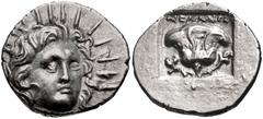 ISLANDS off CARIA, Rhodos. Rhodes . Circa 125-88 BC. AR Hemidrachm (13mm, 1.50 g, 12h). ‘Plinthophoric’ coinage. Melantas, magistrate. Radiate head of Helios facing slightly right / Rose with bud to r