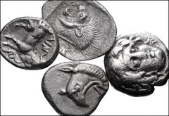 GREEK. Miscellaneous. Lot of Four (4) AR Denominations, Thrace to Rhodos. Includes: Thrace, Ainos. AR Diobol. Head of Hermes right, wearing Petasos / Goat right // Mysia, Kyzikos. AR Obol. Forepart of