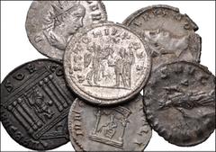 ROMAN. Imperial. Lot of Five (5) AR Antoniniani and One (1) Æ Follis, Volusian to Maxentius. Includes: AR ANTONINIANI: Volusian as Caesar. Radiate and draped bust right / Juno seated slightly left wit