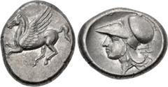 Greek CORINTHIA, Uncertain colony. Circa 375-300 BC. AR Stater (21mm, 8.55 g, 2h). Pegasos flying left / Helmeted head of Athena left; ax behind neck. Ravel 1119 ('barbares'); Pegasi I 494 ('emissioni