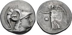 Greek PAMPHYLIA, Side. Circa 205-100 BC. AR Tetradrachm (29.5mm, 16.86 g, 12h). Ak–, magistrate. Helmeted head of Athena right; c/m: AΠA and bow-in-bowcase within incuse circle / Nike advancing left, 