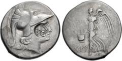 Greek PAMPHYLIA, Side. Circa 205-100 BC. AR Tetradrachm (28.5mm, 16.94 g, 12h). Chry–, magistrate. Helmeted head of Athena right; c/m: bow-in-bowcase, ΣAΠ to left, all within incuse circle / Nike adva