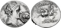 Oriental Greek BAKTRIA, Greco-Baktrian Kingdom. Eukratides I Megas. Circa 170-145 BC. AR Tetradrachm (33mm, 18.82 g, 12h). Example with obol of Eukratides I Megas fused to the obverse. Diademed and dr