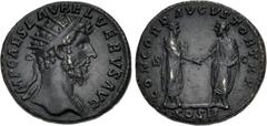 Roman Imperial Lucius Verus. AD 161-169. Æ Dupondius (26mm, 10.40 g, 12h). Rome mint. Struck AD 161. Radiate bust right, slight drapery / Lucius Verus and Marcus Aurelius standing facing one another, 
