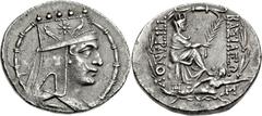 KINGS of ARMENIA. Tigranes II ‘the Great’. 95-56 BC. AR Tetradrachm (28mm, 15.26 g, 12h). Antioch mint. Draped bust right, wearing Armenian tiara peaked with five beads and decorated with comet star b