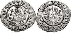 ARMENIA, Cilician Armenia. Royal . Oshin. 1308-1320. AR Tram (23mm, 2.74 g, 1h). Coronation issue. Oshin seated facing on throne decorated with lions, holding cross and lis, with feet resting upon foo