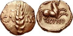 CELTIC, Britain. Trinovantes & Catuvellauni . Cunobelin. Circa AD 10-43. AV Stater (17mm, 5.50 g, 4h). Wild type. Camulodunum mint. Grain ear; CA-MV across field, pellet above A and M / Horse prancing
