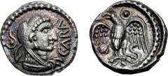 CELTIC, Britain. Trinovantes & Catuvellauni . Caratacus. Circa AD 43-51. AR Unit (11mm, 1.18 g, 3h). Head of Herakles right, wearing lion skin; CARA before, ornament behind / Eagle standing right, hea