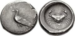 SICILY, Akragas. Circa 495-480/78 BC. AR Didrachm (19mm, 8.37 g, 9h). Sea eagle standing left / Crab; below, Corinthian helmet left; all within shallow incuse circle. Jenkins, Gela , Group III, pl. 37