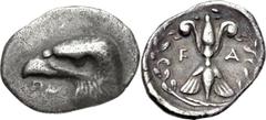 ELIS, Olympia. 97th-100th Olympiad. 392-380 BC. AR Hemidrachm (18mm, 2.85 g, 2h). Obverse die signed by Polykaon . Head of eagle left; ΠO below / Upright thunderbolt with volutes and wings; F-A flanki
