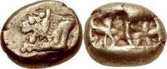 LYDIA, Uncertain. Circa 610-560 BC. EL 1/6 Stater – Hekte (10mm, 2.35 g). Forepart of lion left / Double incuse square punch. Spier 9; Rosen 368; CNG 63, 533 Triton VI, 400 (all from the same dies). V