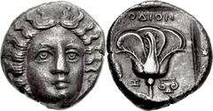 ISLANDS off CARIA, Rhodos. Rhodes . Circa 385-360 BC. AR Tetradrachm (22mm, 14.78 g, 11h). Head of Helios facing slightly right / Rose with bud to left; z to left, ionic capital to right; all within i
