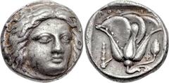 ISLANDS off CARIA, Rhodos. Rhodes . Circa 340-316 BC. AR Tetradrachm (22mm, 15.13 g, 12h). Head of Helios facing slightly right / Rose with bud to right; club to left, Φ to right; all within incuse sq