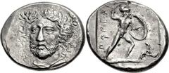 DYNASTS of LYCIA. Perikles. Circa 380-360 BC. AR Stater (23mm, 9.75 g, 5h). Struck circa 380-375 BC. Laureate and draped bust of Perikles facing slightly left / Warrior, nude but for crested Corinthia