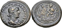 CILICIA, Anazarbus. Valerian I. AD 253-260. Æ Hexassarion (32mm, 22.60 g, 6h). Dated year 272 (AD 253/4). Laureate, draped, and cuirassed bust right / Valerian I and Gallienus, each seated left on cur