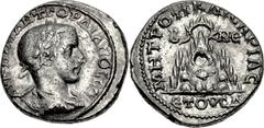 CAPPADOCIA, Caesarea-Eusebia. Gordian III. AD 238-244. AR Tridrachm (23mm, 9.09 g, 1h). Dated RY 4 (AD 240/1). Laureate, draped, and cuirassed bust right / Mt. Argaeus surmounted by wreath; B NЄ acros