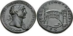 Trajan. AD 98-117. Æ Sestertius (33mm, 25.59 g, 6h). Rome mint. Struck circa AD 104-107. Laureate bust right, slight drapery / Arched, single-span bridge with seven posts across Danube River; single-b