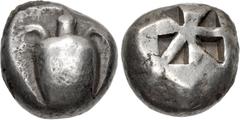 Greek ISLANDS off ATTICA, Aegina. Circa 525-480 BC. AR Stater (17mm, 12.15 g). Sea turtle, head in profile, with thick collar [and row of dots down its back] / Incuse square of 'Union Jack' pattern wi