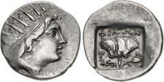 Greek ISLANDS off CARIA, Rhodos. Rhodes. Circa 88-84 BC. AR Drachm (15.5mm, 2.35 g, 12h). 'Plinthophoric' coinage. Philon, magistrate. Radiate head of Helios right / Rose with bud to right; ΦIΛΩN abov