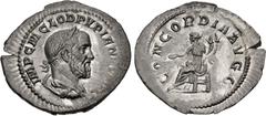 Roman Imperial Pupienus. AD 238. AR Denarius (22mm, 2.84 g, 12h). Rome mint. 2nd emission. Laureate, draped, and cuirassed bust right / Concordia seated left, holding patera and double cornucopia. RIC