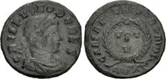 Roman Imperial Crispus. Caesar, AD 316-326. Æ Follis (18.5mm, 2.82 g, 12h). Rome mint, 3rd officina. Struck AD 320-321. Laureate, draped, and cuirassed bust right / VOT/ V/ in two lines within wreath 