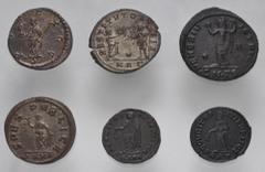 Large Lots ROMAN. Imperial. Lot of six (6) silver and bronze issues. Includes: Aurelian. Antoninianus // Carus. Antoninianus // Maximianus. Antoninianus // Galeria Valeria. Æ Follis // Helena. Æ Folli