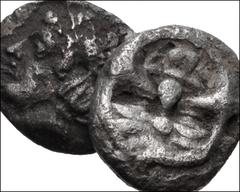 GREEK. Northern Greece. Lot of Two (2) AR of Thrace. Includes: Thrace, Maroneia. AR Hemiobol. Facing head / Grape bunch // Thasos. AR Hemiobol. Head of nymph / Dolphin. Fine (Maroneia) and near VF (Th