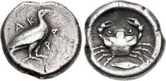Greek SICILY, Akragas. Circa 480/478-470 BC. AR Didrachm (19mm, 8.18 g, 3h). Sea eagle standing right / Crab; grain ear below; all within incuse circle. Westermark, Coinage, Period I, Group IV, 272 (O