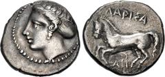 Greek THESSALY, Larissa. Circa 404 BC. AR Drachm (19mm, 5.79 g, 2h). Head of the nymph Larissa left, with hair in sphendone / Horse rearing left within incuse square. Lorber, Profile, Series 2, 32h (A