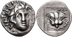 Greek ISLANDS off CARIA, Rhodos. Rhodes. Circa 170-150 BC. AR Hemidrachm (11.5mm, 1.41 g, 12h). 'Plinthophoric' coinage. Athanodoros, magistrate. Radiate head of Helios facing slightly right / Rose wi