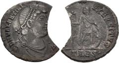 Roman Imperial Valentinian I. AD 364-375. AR Miliarense (19mm, 3.45 g, 12h). Treveri (Trier) mint. Struck AD 367-375. Pearl-diademed, draped, and cuirassed bust right / Valentinian standing left, in m