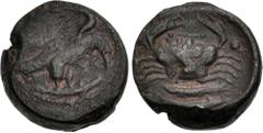 Greek SICILY, Akragas. Circa 415-406 BC. Æ Hexas (18mm, 6.87 g, 7h). Eagle standing right, wings raised, on fish right / Crab; pellets in field, two fish below. Westermark, Coinage, Series Fish a, unl