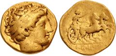 Greek KINGS of MACEDON. temp. Philip II – Alexander III. Circa 340/36-328 BC. AV Stater (19mm, 8.44 g, 10h). In the name and types of Philip II. Pella mint. Head of Apollo right, wearing laurel wreath