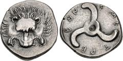 Greek DYNASTS of LYCIA. Trbbenimi. Circa 390-375 BC. AR Third Stater (15mm, 3.08 g). Wedrei mint. Facing lion scalp / Triskeles. Müseler VIII, 25-7. Lightly toned, slightly weak strike, some doubling.