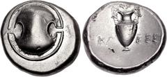 BOEOTIA, Thebes. Circa 395-338 BC. AR Stater (22mm, 12.16 g). Klees-, magistrate. Struck circa 379-368 BC. Boeotian shield / Amphora; wreath above, KL-EEΣ across central field; all within concave circ