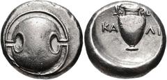 BOEOTIA, Thebes. Circa 395-338 BC. AR Stater (21mm, 12.17 g). Kal(l)i-, magistrate.. Struck circa 363-338 BC. Boeotian shield / Amphora; KA-ΛI across central field; all within concave circle. BCD Boio