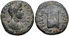 LYDIA, Thyateira. Domitia. Augusta, AD 82-96. Æ (14mm, 2.39 g, 6h). Draped bust right / Lyre. RPC 944; SNG Copenhagen -; SNG von Aulock -. Near VF, green patina. Rare.