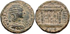 SYRIA, Seleucis and Pieria. Emesa . Julia Domna. Augusta, AD 193-217. Æ (30mm, 10.49 g, 6h). Dated SE 527 (AD 215/6). Draped bust right / Lighted altar of the temple of El-Gabal; panel decorated with 