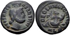 Festival of Isis. Mid 4th century AD. Æ (15mm, 1.52 g, 12h). Alexandria mint, 3rd officina. Draped bust of Serapis right, wearing modius / Nilus reclining left on rock pile, holding reed and cornucopi