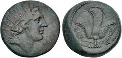 Greek ISLANDS off CARIA, Rhodos. Rhodes. Circa 88-85 BC. Æ (28mm, 15.51 g, 12h). Radiate head of Helios right / Rose in profile; helmet to left, winged thunderbolt to right. HN Online 549.3 (this coin