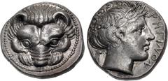 Greek BRUTTIUM, Rhegion. Circa 415/0-387 BC. AR Tetradrachm (24mm, 17.14 g, 9h). Lion mask facing / Head of Apollo right, wearing laurel wreath; olive sprig to left, PHΓINON to right. Herzfelder 90bis