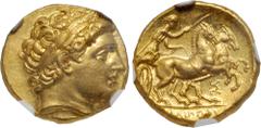 Greek KINGS of MACEDON. Philip III Arrhidaios. 323-317 BC. AV Stater (17mm, 8.56 g, 1h). In the types of Philip II. Teos mint. Struck under Menander or Kleitos, circa 323-319 BC. Head of Apollo right,