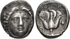 Greek ISLANDS off CARIA, Rhodos. Rhodes. Circa 404-385 BC. AR Tetradrachm (21mm, 14.65 g, 12h). Head of Helios facing slightly right / Rose with bud to right; to left, Φ above phiale; all within incus